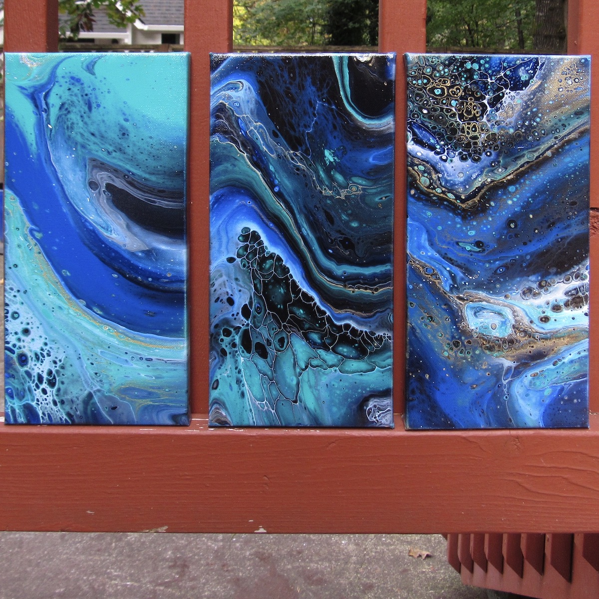 6x12 blue acrylic pour triptych