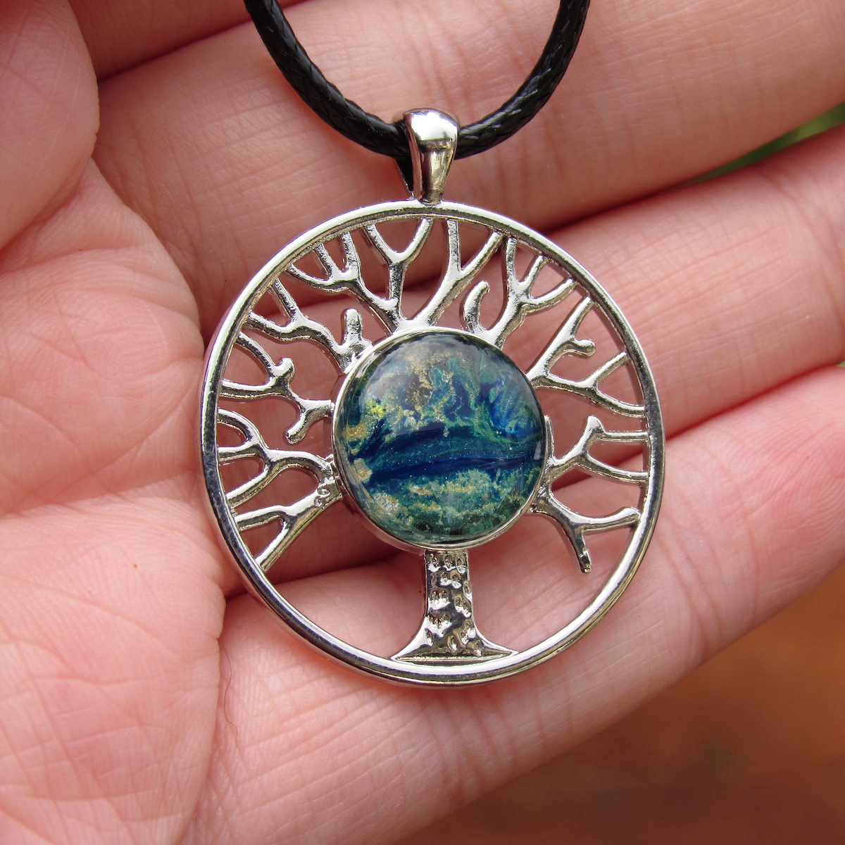 Blue and green tree necklace